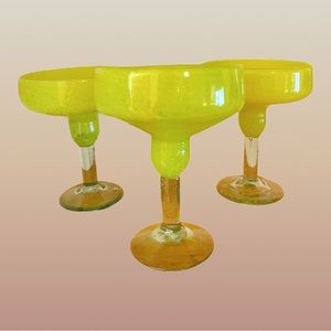 Vintage Heavy Lime Green Hand Blown Mexican Margarita Glasses- Set of 3